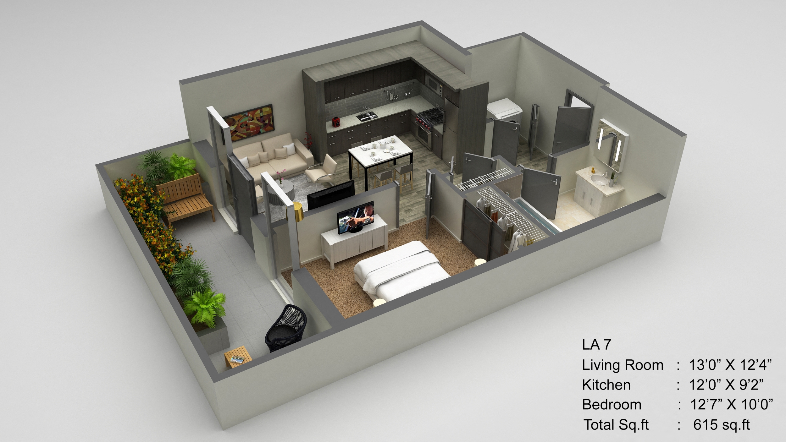 Floor plan for 1 bed, 1 bath, 615 sqft